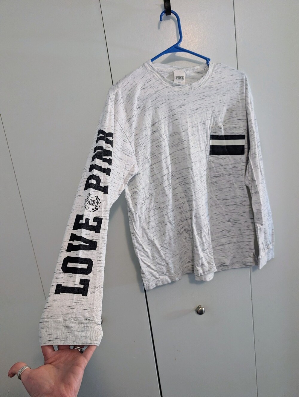 PINK Victoria's Secret White Heather Long Sleeve Tee with Love Pink Text Size Sm